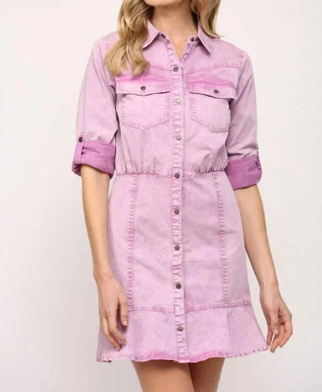 Washed Ruffle Hem Shirt Dress In Orchid Soft Cotton Shirt