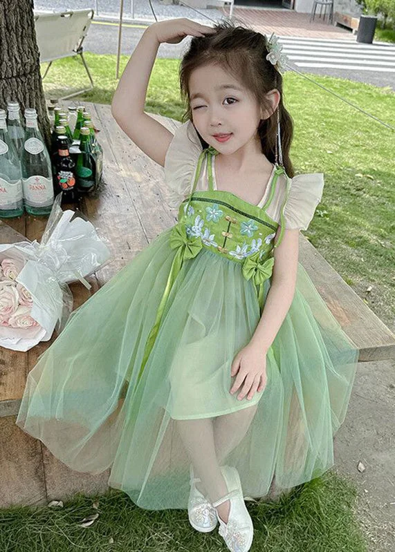 Elegant Green Embroideried Patchwork Bow Tulle Kids Long Dress Short Sleeve Tulle Wedding Dress