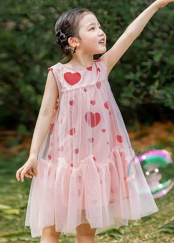 Fashion Pink Love Print Patchwork Wrinkled Tulle Kids Long Dresses Summer Ruffled Tulle Gown