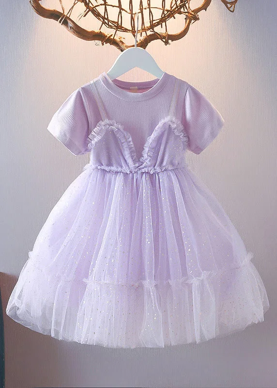 Cute Purple Patchwork Wrinkled Tulle Kids Long Dress Short Sleeve Boho Tulle Dress