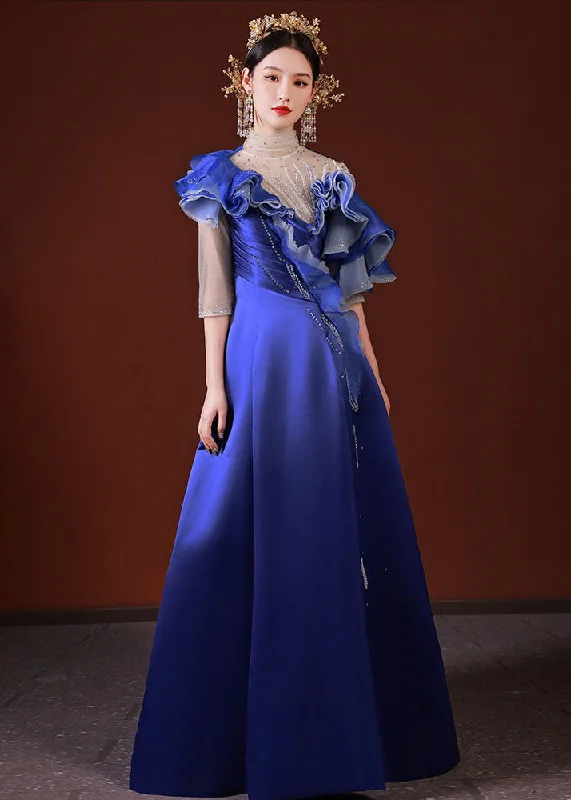 Dinner Blue Turtleneck Asymmetrical Ruffled Tulle Patchwork Silk Vacation Long Dresses Summer Romantic Tulle Gown