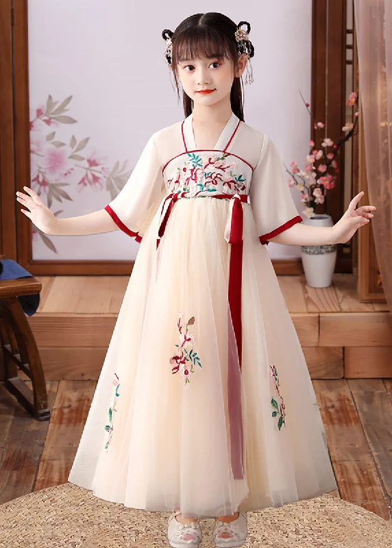 Cute Apricot Embroideried Patchwork Tulle Kids Long Dress Short Sleeve Tulle Dress Sparkling