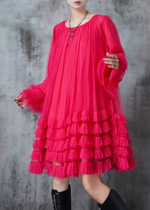 Rose Loose Tulle Holiday Dress Ruffled Flare Sleeve Boho Tulle Dress