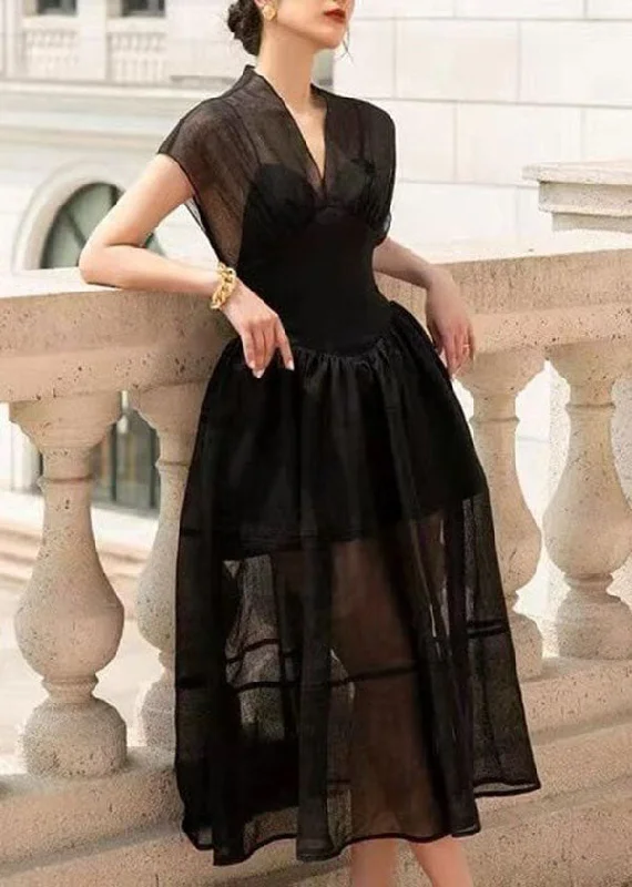 French Black V Neck Wrinkled Patchwork Tulle Dress Summer Tulle Bodycon Dress