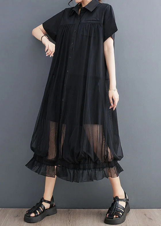 French Black Peter Pan Collar Wrinkled Patchwork Tulle Shirts Dress Summer Tulle Bodycon Dress