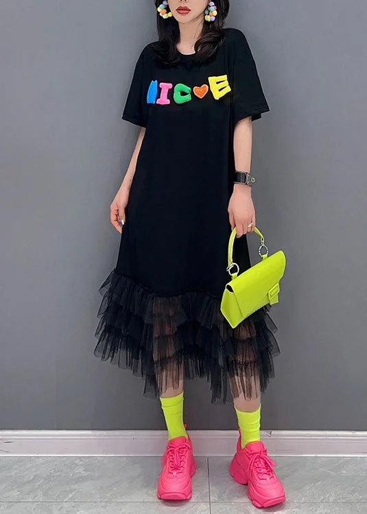 Modern Black Graphic Print Tulle Patchwork Maxi Dresses Summer Sequin Tulle Dress