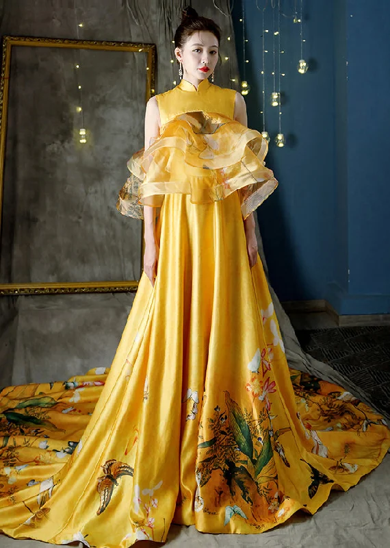 Chic Yellow Stand Collar Print Tulle Patchwork Trailing Dresses Sleeveless Stylish Tulle Gown