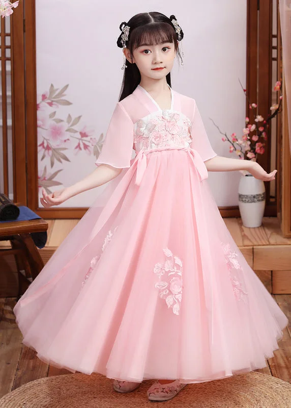 Boutique Pink V Neck Layered Patchwork Tulle Girls Maxi Dress Short Sleeve Stylish Tulle Gown