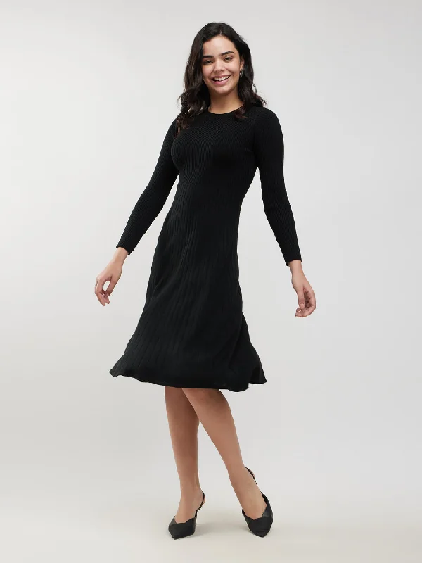 LivSoft Fit And Flare Sweater Dress - Black Sleeveless Sweater Dress