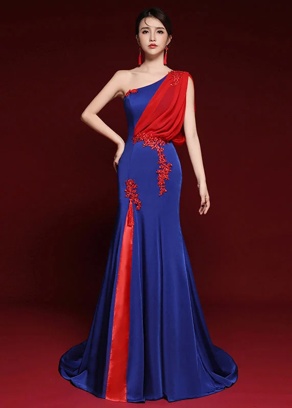 Dinner Royal Blue Shoulder Tulle Patchwork Silk Mopping Long Dress Summer Tulle Dress Glow