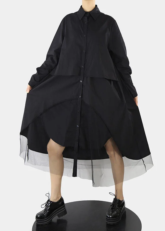 Black Tulle Patchwork shirt Dresses button asymmetrical design Peter Pan Collar Spring Tulle Dress Trendy