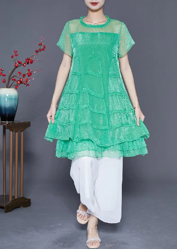 Women Green Hollow Out Patchwork Layered Design Tulle A Line Dress Summer Tulle Evening Gown