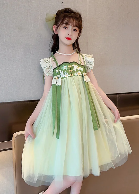 Unique Light Green Embroideried Tassel Patchwork Tulle Long Dress Short Sleeve Tulle Dress Silhouette