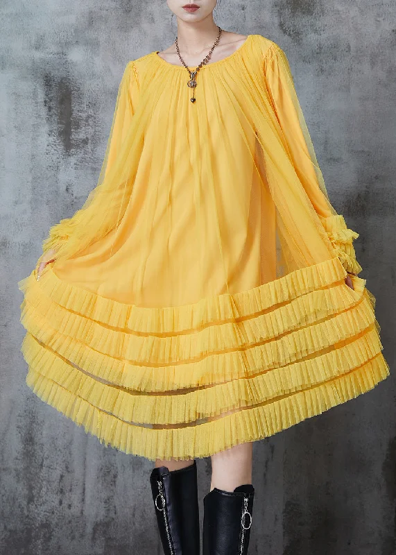 Fashion Yellow Oversized Ruffled Tulle Maxi Dresses Fall Stylish Tulle Dress