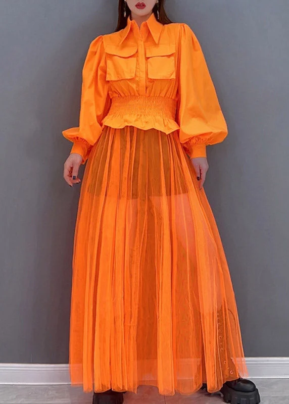 Beautiful Orange Peter Pan Collar Elastic Waist Pocket Tulle Patchwork Shirt Dress lantern sleeve Party Tulle Dress