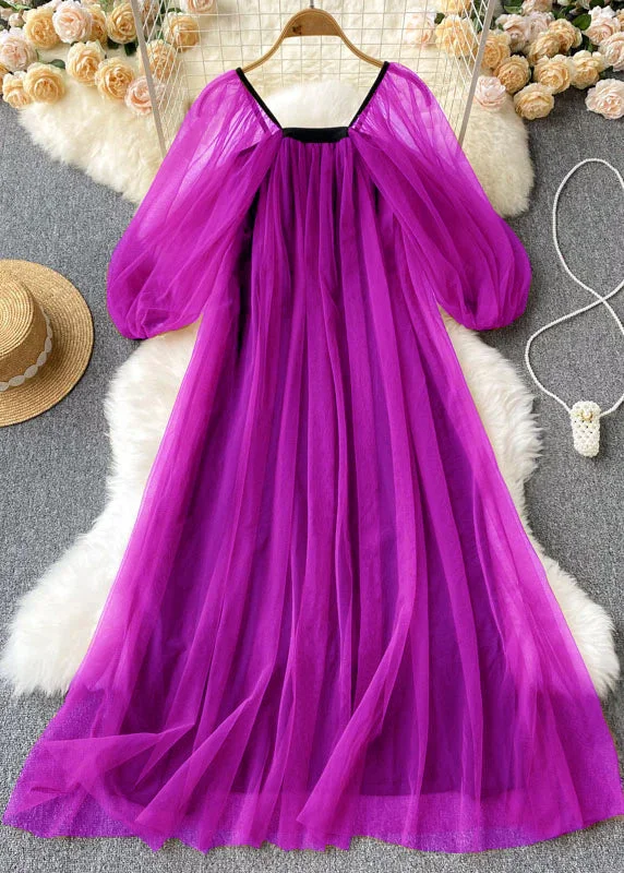 French Purple Square Collar Wrinkled Patchwork Tulle Dresses Lantern Sleeve Tulle Dress Formal