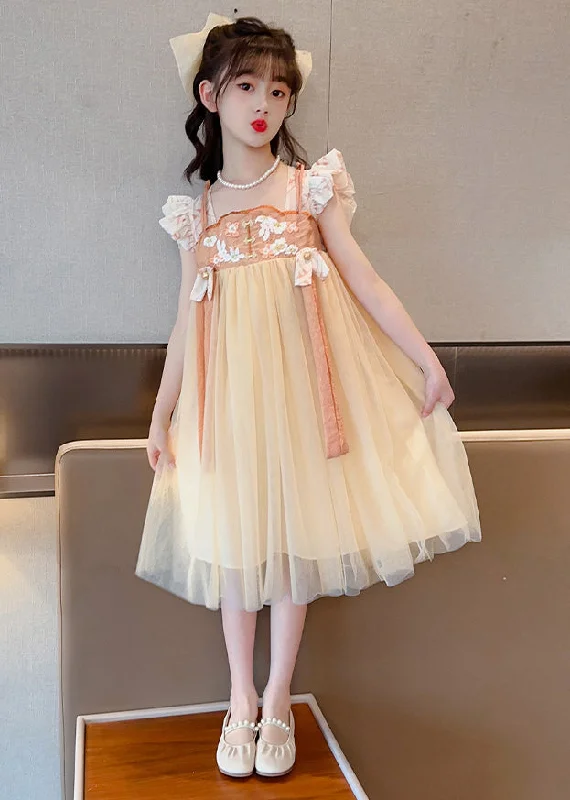 Cute Yellow Slash Neck Embroideried Patchwork Tulle Kids Long Dress Summer A-line Tulle Dress