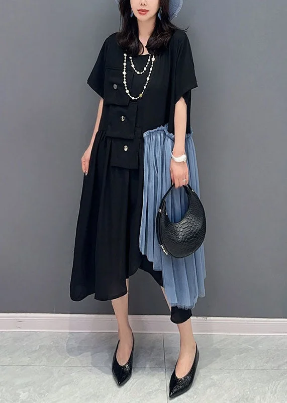 Stylish Black Asymmetrical Tulle Patchwork Cotton Dress Summer Tulle Dress Classic