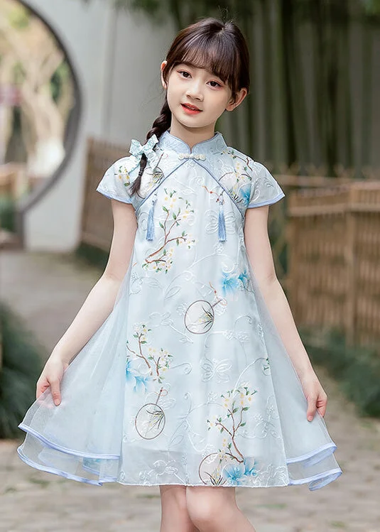 Handmade Light Blue Stand Collar Embroideried Button Tassel Tulle Patchwork Kids Maxi Dresses Short Sleeve Tulle Party Dress