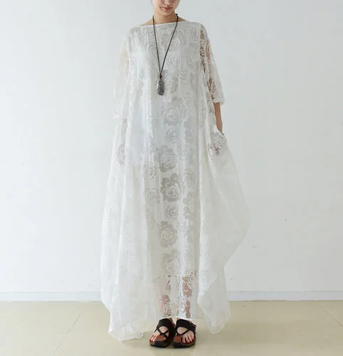 White roses chiffon maxi dresses long tulle caftans oversize gown Ruffled Tulle Dress