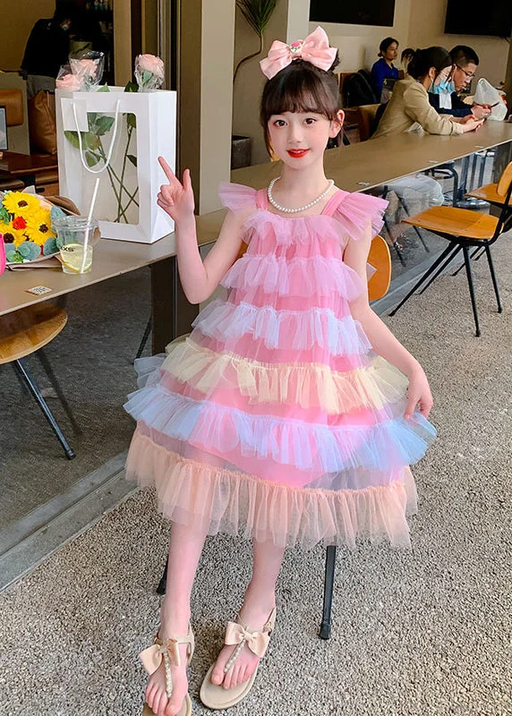 Boutique Pink Square Collar Layered Ruffled Tulle Kids Girls Beach Dresses Summer Formal Tulle Dress