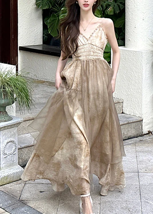 Vintage V Neck Patchwork Wrinkled Tulle Long Slip Dresses Sleeveless Vintage Tulle Dress