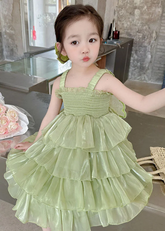 Green Patchwork Tulle Kids Girls Long Dresses Wrinkled Summer Tulle Dress Blush