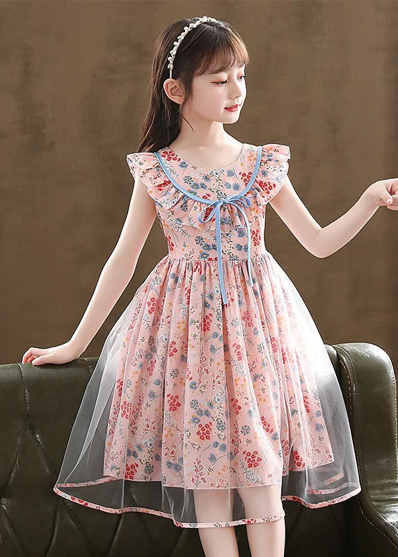 Boutique Pink Cinched Print Tulle Kids Girls Robe Dresses Summer Full Tulle Dress