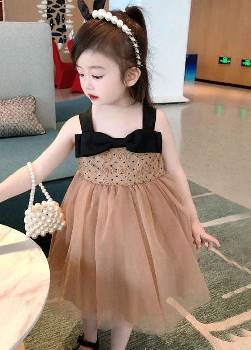 Cute Coffee Bow Wrinkled Patchwork Tulle Kids Girls Dresses Summer Tulle Dress Glamour