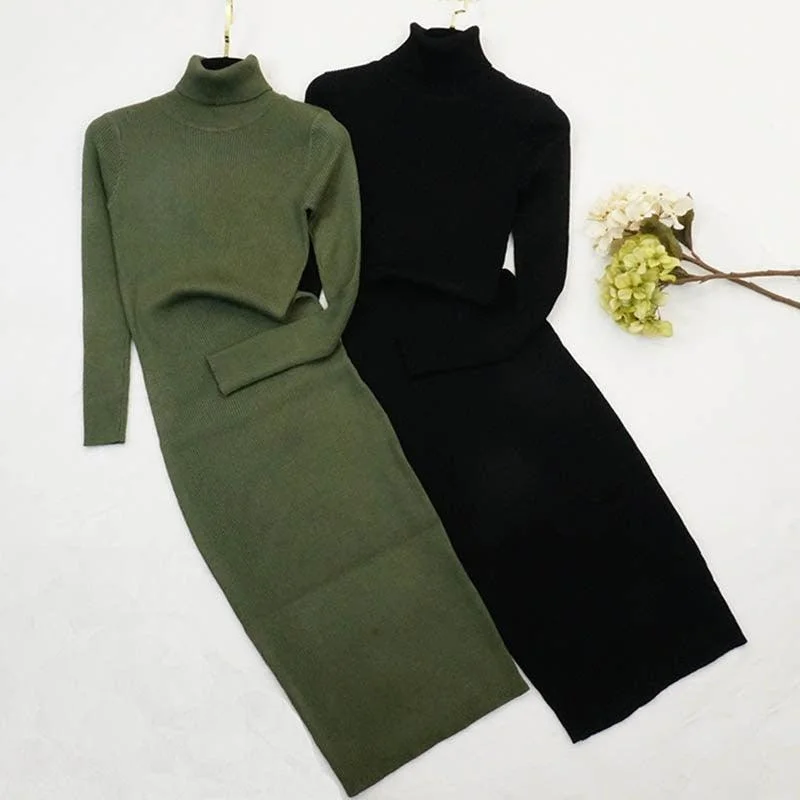 Winter Knitted Turtleneck Sweater Dress Cozy Knit Dress