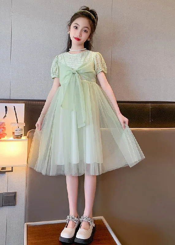 Art Light Green O-Neck Bow Tulle Kids Long Dresses Summer Casual Tulle Dress