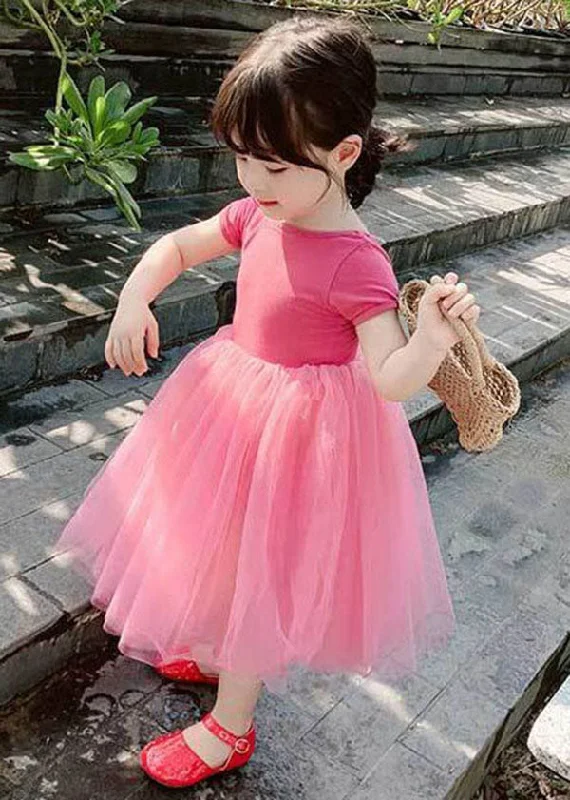 Beautiful Rose Ruffled Patchwork Tulle Kids Girls Off The Back Dress Summer Soft Tulle Dress