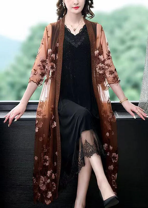 Coffee Patchwork Tulle Cape Dresses Embroideried V Neck Summer Tulle Dress Dream