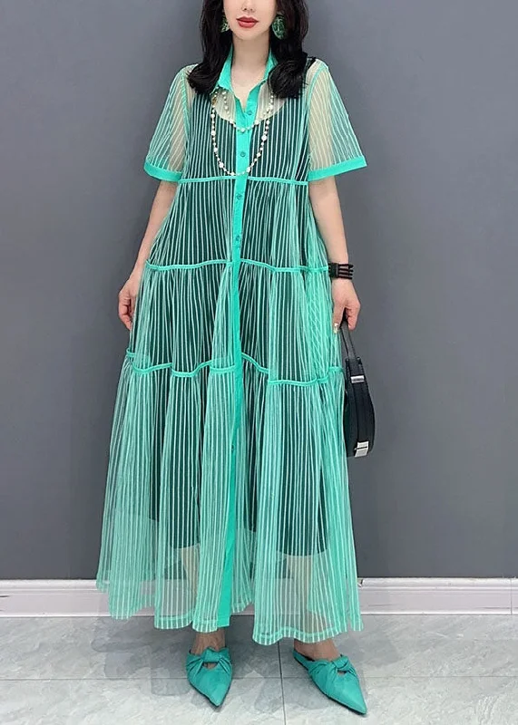 Light Green Patchwork Tulle Shirts Dress Peter Pan Collar Wrinkled Summer Tulle Dress Formal