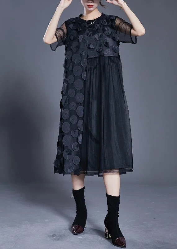 Fine Black Oversized Patchwork Tulle Maxi Dresses Summer Tulle Dress Soft