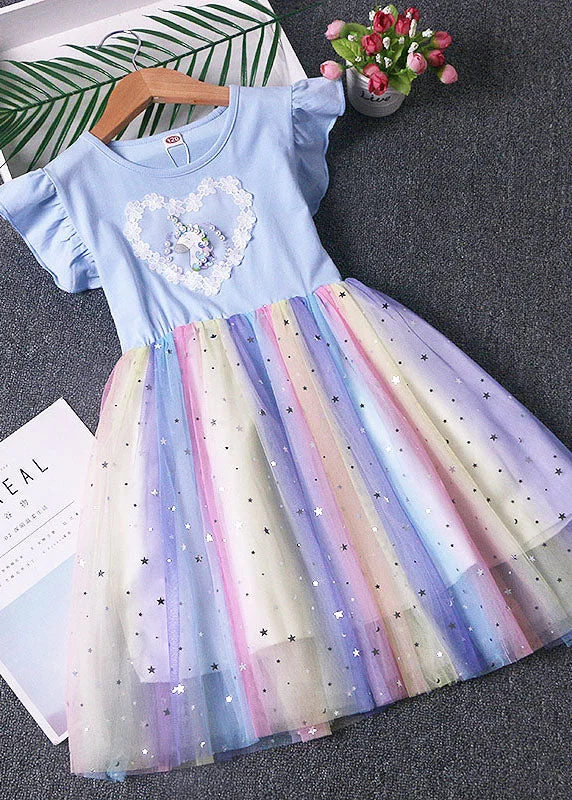 Lovely Blue Ruffled Nail Bead Patchwork Tulle Kids Girls Dresses Summer Tulle Dress Occasion