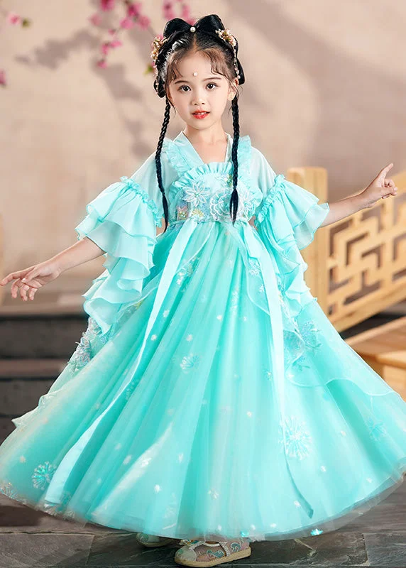 Beautiful Green Ruffled Patchwork Snow Embroideried Tulle Kids Long Dress Summer Tulle Dress Blush