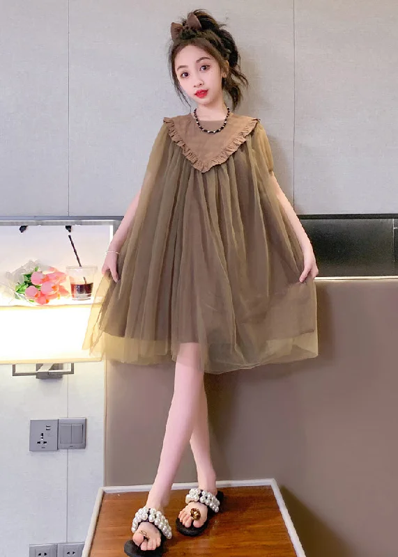 Simple Coffee O-Neck Patchwork Layered Tulle Kids Maxi Dresses Short Sleeve Full Tulle Dress