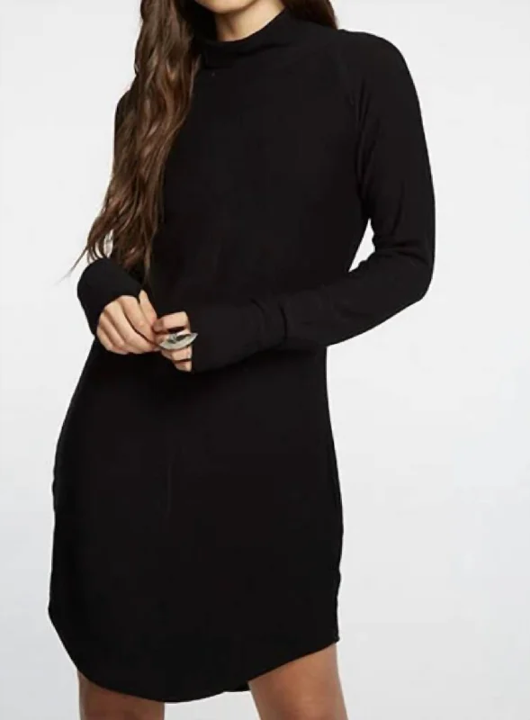 Cozy Knit L/s/ Raglan Turtleneck Shirttail Mini Dress In Black Casual Dress Shirt