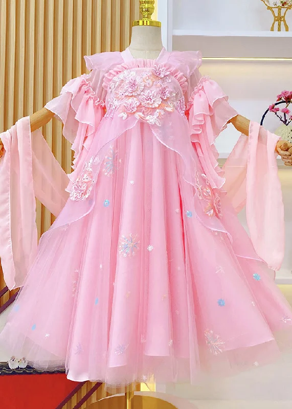 Boho Pink Embroideried Ruffled Tulle Kids Girls Long Dresses Summer Romantic Tulle Gown