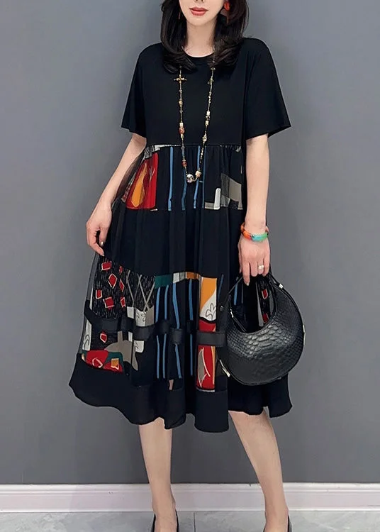 Elegant Black O-Neck Print Patchwork Tulle Long Dress Short Sleeve Ruffled Tulle Gown