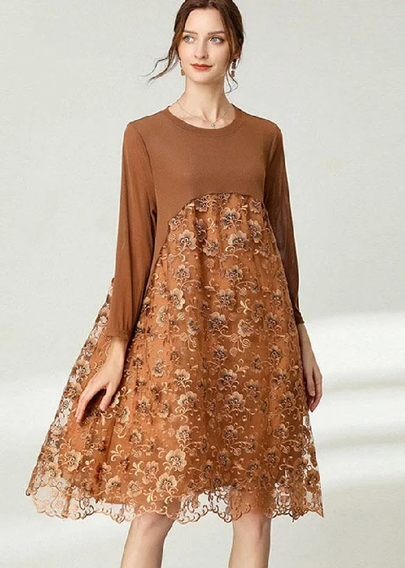 Fitted Khaki Tulle Jacquard Hollow Out Fall Long Sleeve Maxi Dress Tulle Dress Glam