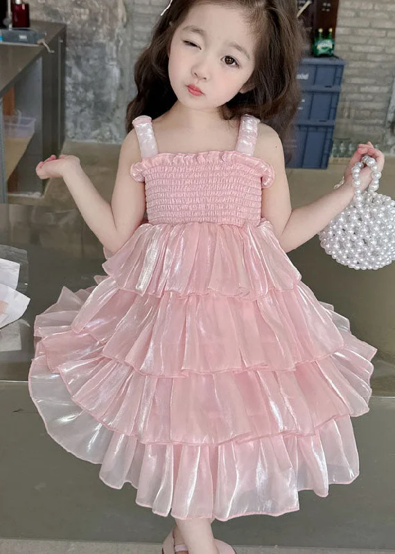 Handmade Pink Ruffled Patchwork Tulle Baby Girls Dresses Sleeveless Tulle Midi Dress