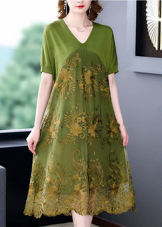 Organic Green V Neck Embroideried Patchwork Tulle Dress Summer Pink Tulle Dress