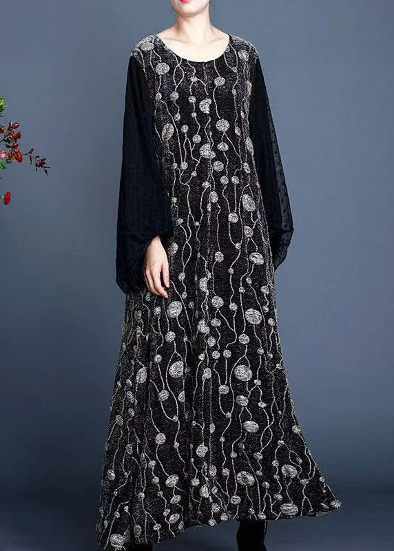 New Black O Neck Print Patchwork Tulle Long Dresses Winter Tulle Dress Trendy