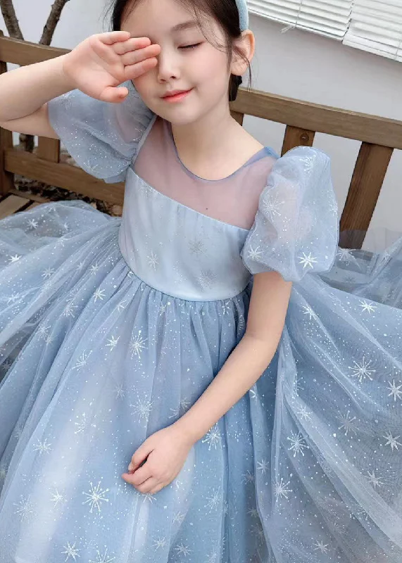 Handmade Blue Wrinkled Bow Embroideried Tulle Baby Girls Dresses Summer Tulle Dress Set