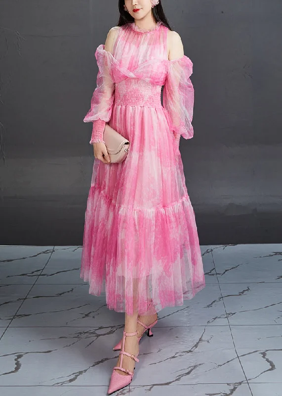 Stylish Pink Ruffled Print Elastic Waist Tulle Long Dresses Fall Soft Layered Tulle