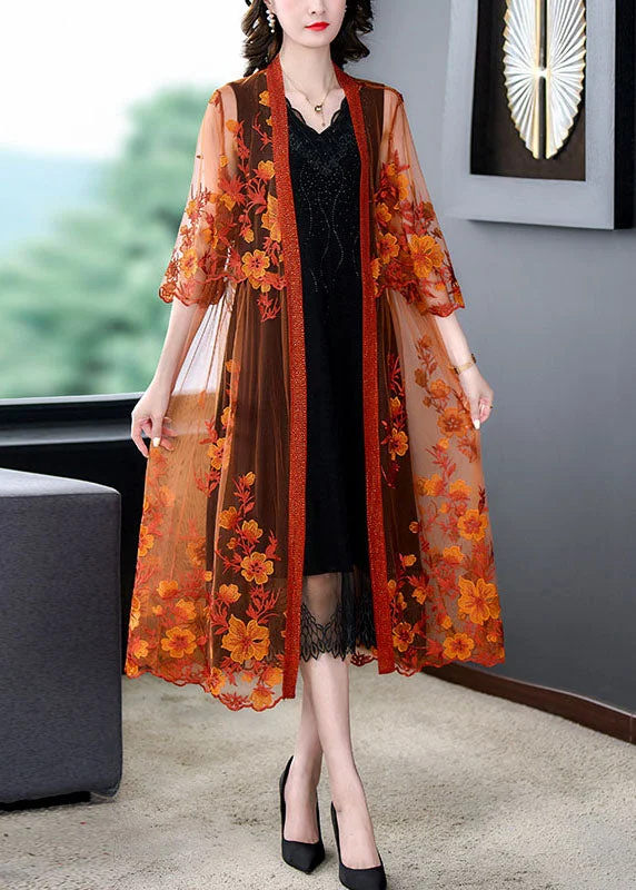 Women Orange Embroideried Patchwork Tulle Long Dresses Summer Tulle Dress Look