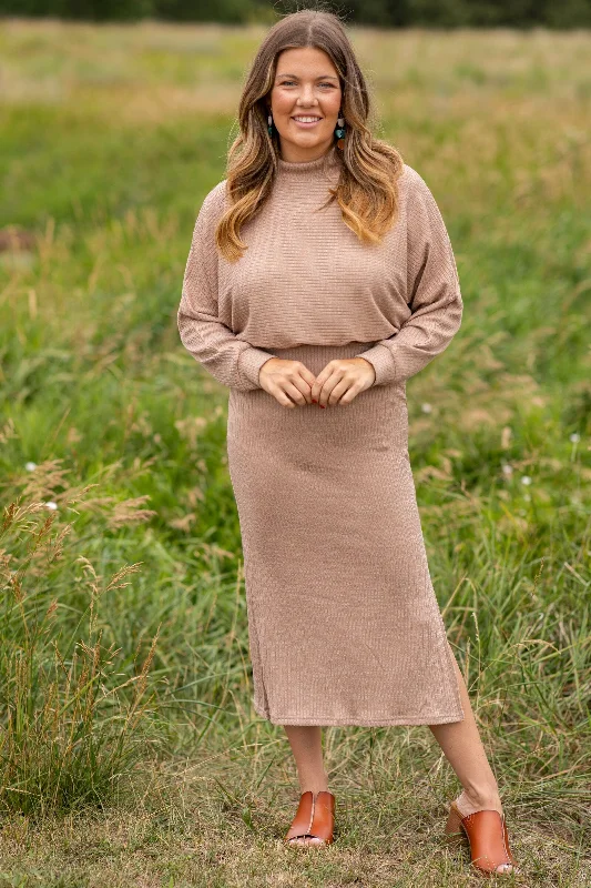 Mocha Ribbed Mock Neck Sweater Dress Long Knit Sweater Dress