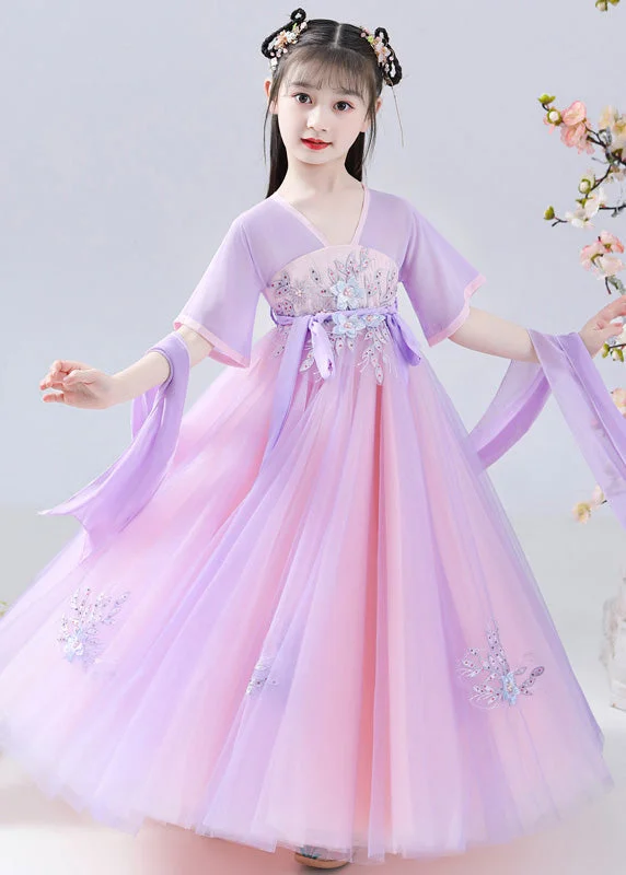 Art Purple Embroideried Tie Waist Tulle Kids Long Dresses Summer Short Tulle Dress